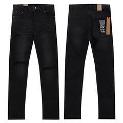 Ksubi Style Knee Slit Distressed Slim Fit Jeans - Washed Black Stretch Denim