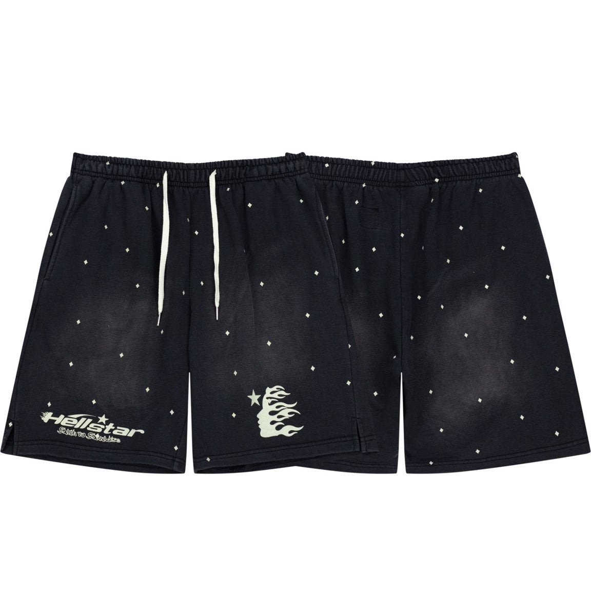 Star Print Graphic Casual Shorts - Acid Washed Black Drawstring Streetwear Shorts