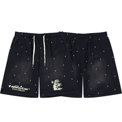 Star Print Graphic Casual Shorts - Acid Washed Black Drawstring Streetwear Shorts