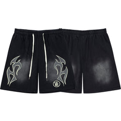 Black Tribal Flame Graphic Casual Shorts - Drawstring Streetwear Shorts