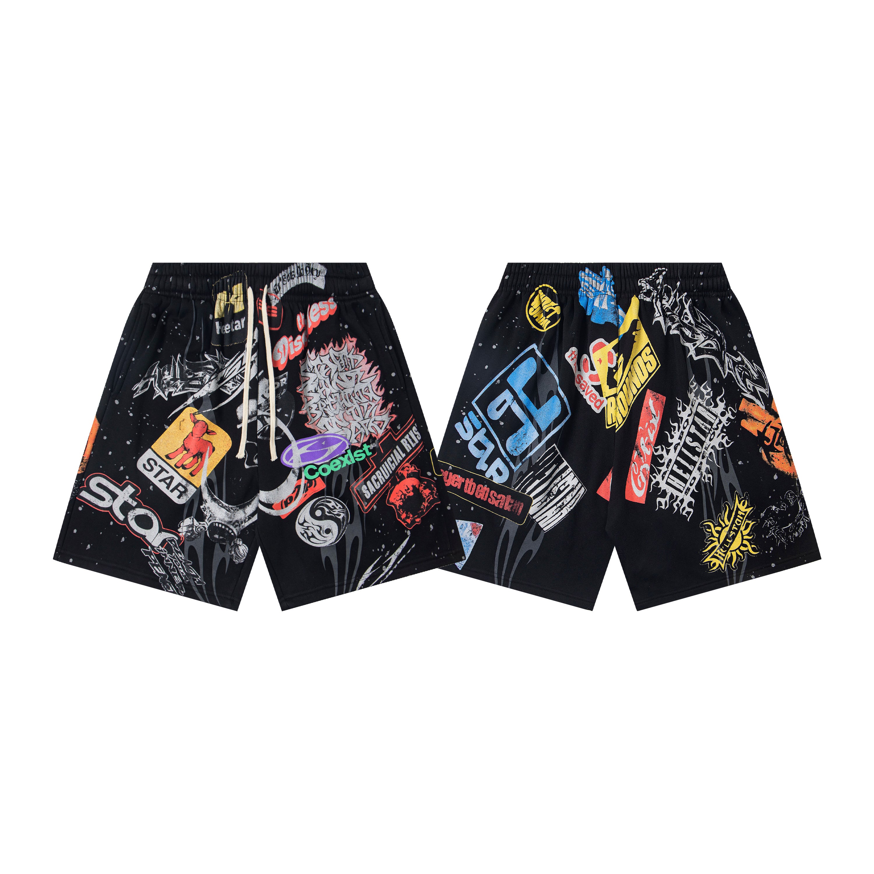 Multi-Patch Graphic Casual Shorts - Acid Washed Black Drawstring Streetwear Shorts