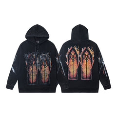 WHO DECIDES WAR FLAMING STAINED‑GLASS PULLOVER HOODIE WASHED BLACK