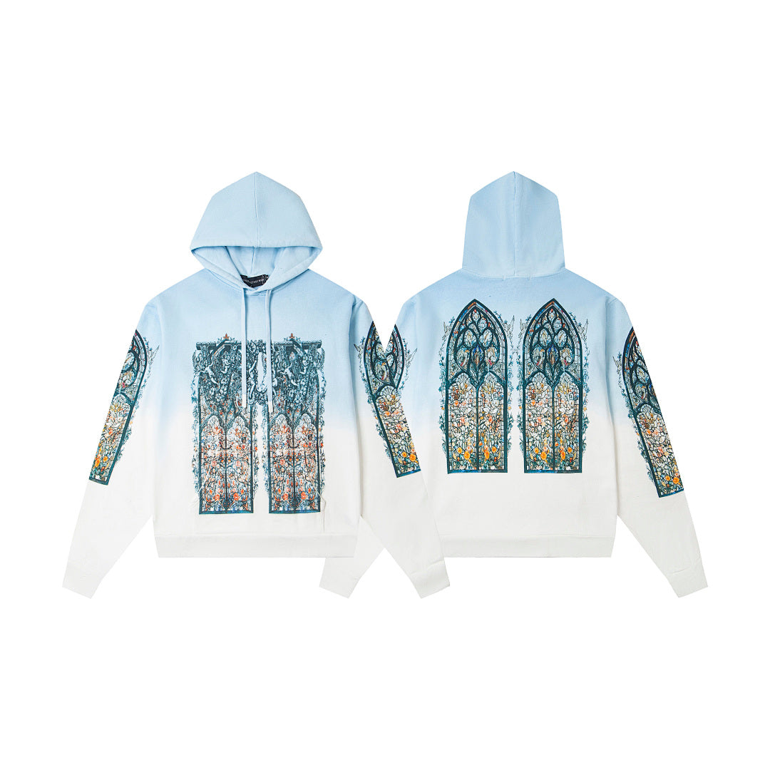WHO DECIDES WAR OMBRÉ STAINED‑GLASS PULLOVER HOODIE LIGHT BLUE GRADIENT