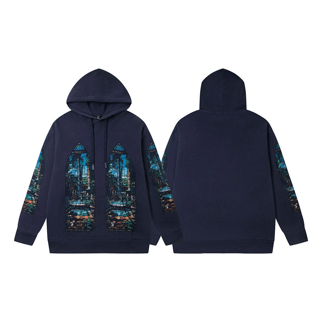 WHO DECIDES WAR STAINED‑GLASS PULLOVER HOODIE NAVY BLUE