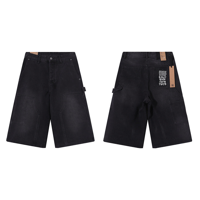 Carpenter Double Knee Denim Jorts - Washed Black Baggy Loose Fit Shorts