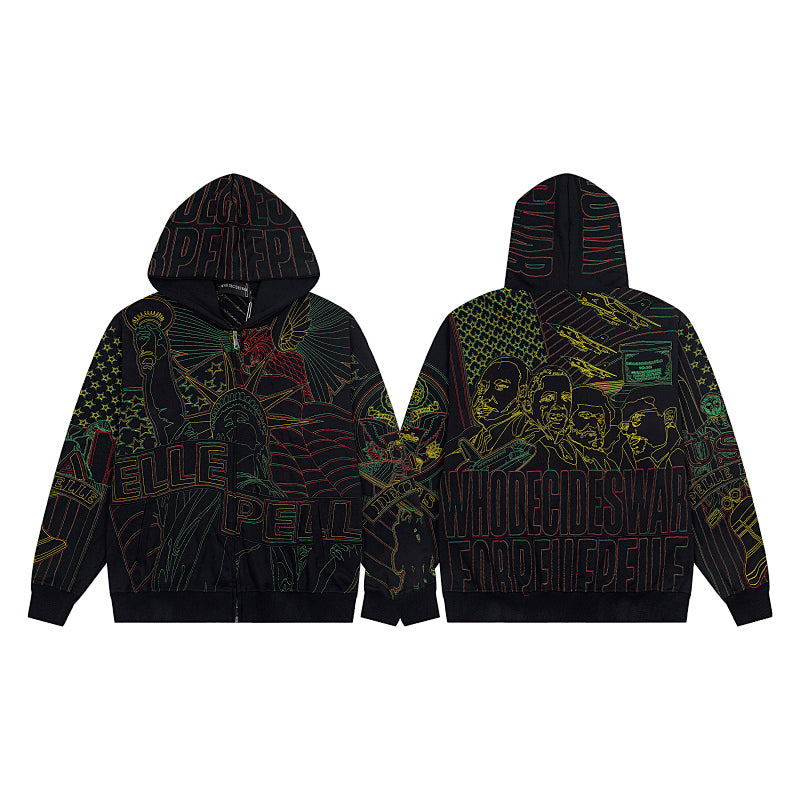 Who Decides War x Pelle Pelle All-Over Embroidered Zip-Up Hoodie - Black Multi