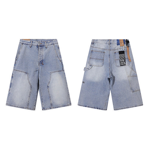 Ksubi Style Baggy Carpenter Denim Shorts - Vintage Washed Light Blue Jorts