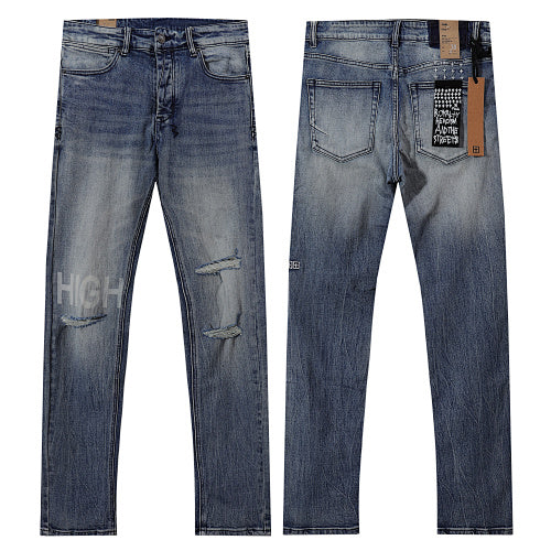 Ksubi Style Distressed Knee "HIGH" Printed Slim Fit Jeans - Vintage Washed Blue Denim