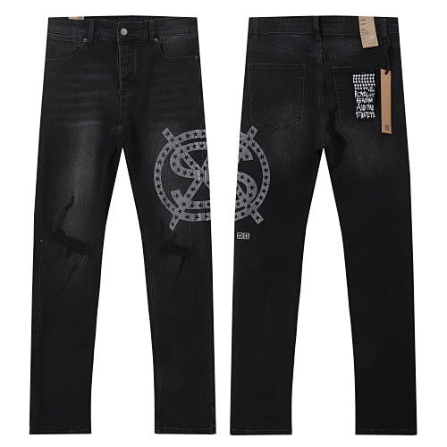 Ksubi Style Star Dollar Crest Printed Slim Fit Jeans - Washed Black Denim