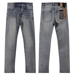 Ksubi Style All-Over Mini Cross Embroidered Slim Fit Jeans - Vintage Washed Blue Denim