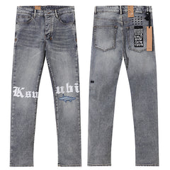 Ksubi Style Gothic Font Knee Print Slim Jeans - Vintage Washed Grey Denim